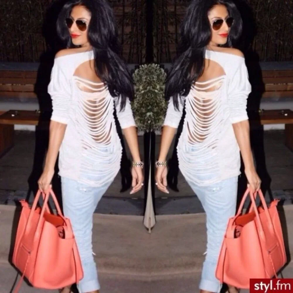 Slouchy White Black Graphic Print Cut-Out Slashed Back L/S Top | Streetwear Glam - Picture 8 of 10